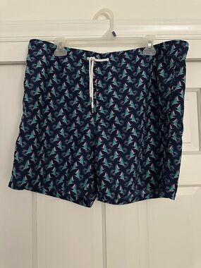 crown & ivy Navy Swim Shorts with Teal and Pink Sailboat Print